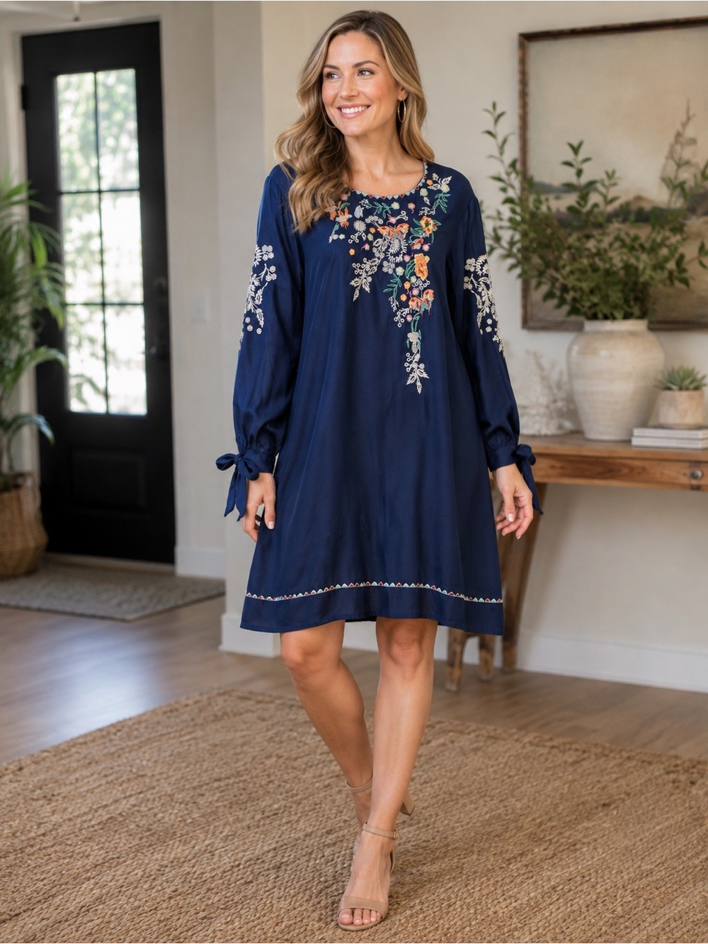 𝙆𝙖𝙠𝙩𝙪𝙨 Embroidered Dress Floral Navy Blue Tunic Size L Boho 100% Rayon